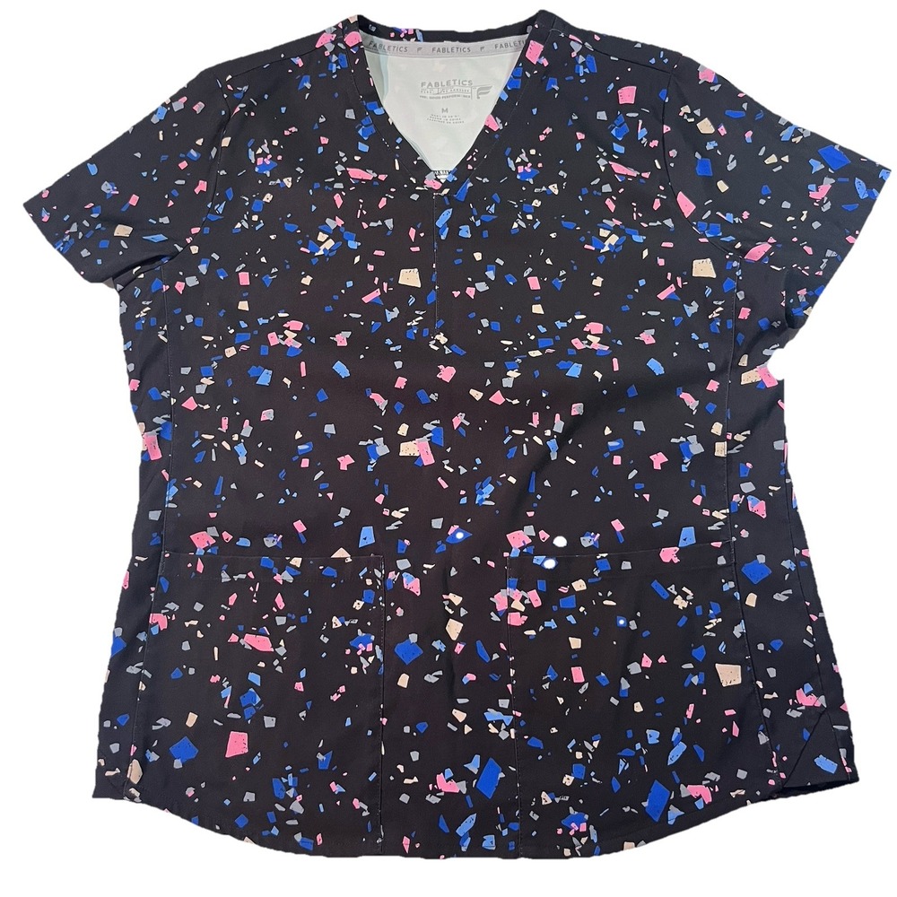 Fabletics Method 2-Pocket Scrubโ Top Women's Medium Black Multicolor Pattern EUC